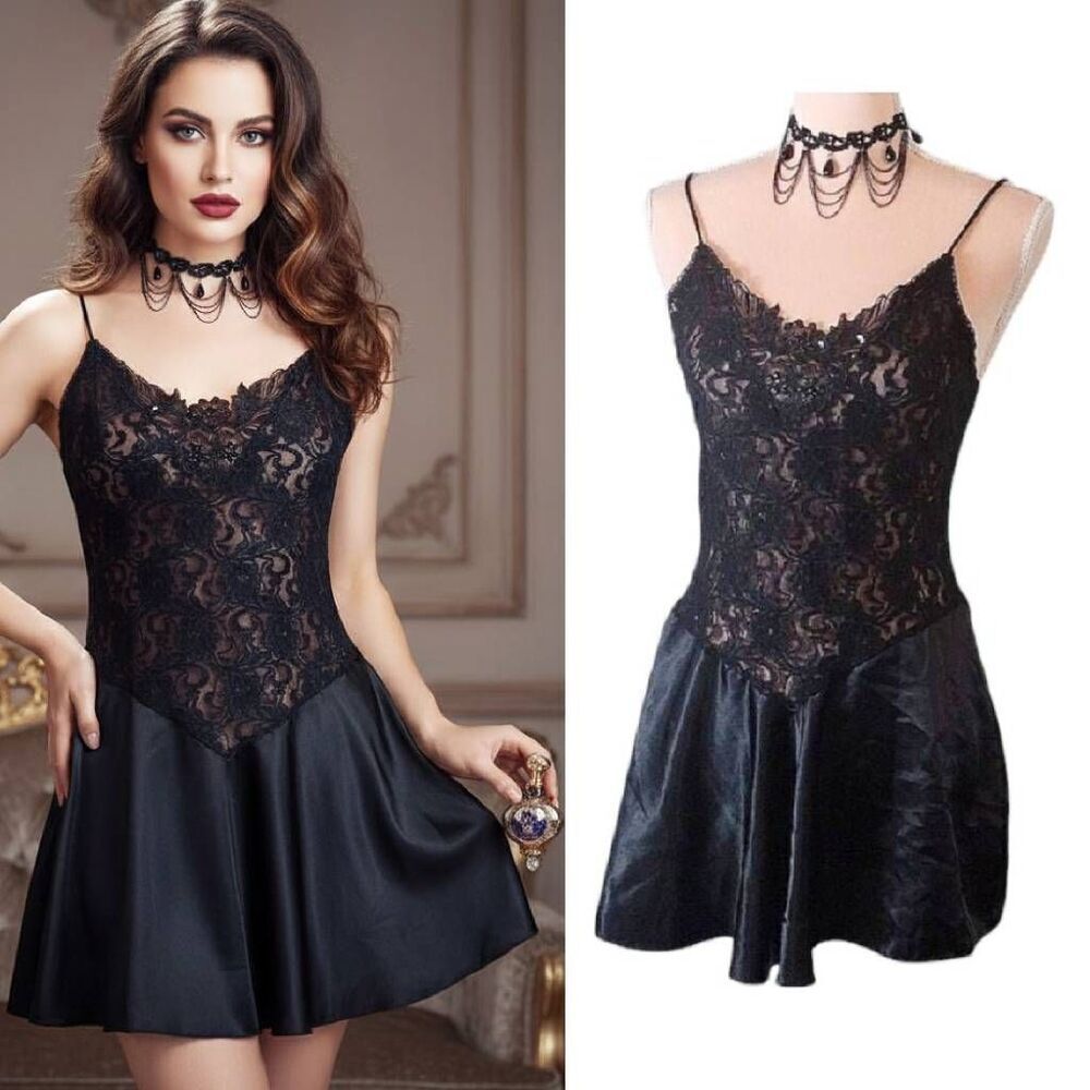 VTG 90s Maidenform Black Lace Beaded Floral Satin Mini Slip Dress Medium Rare